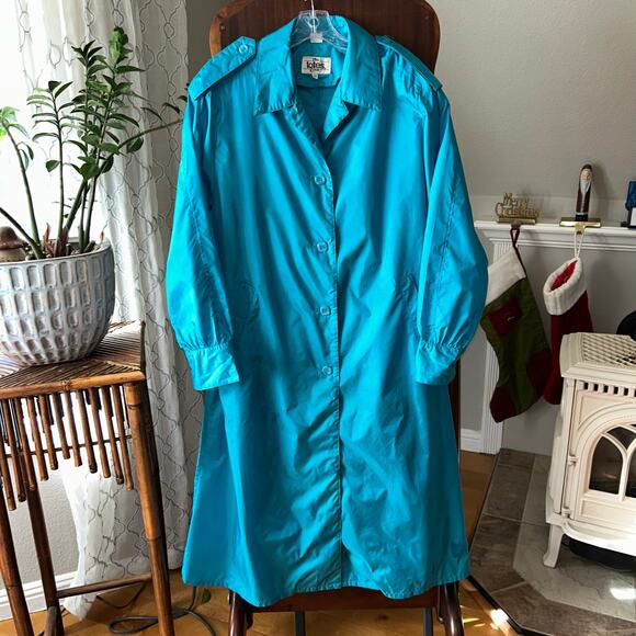Vintage Totes raincoat trench coat in teal blue with shoulder pads sz 10 - Picture 1 of 11